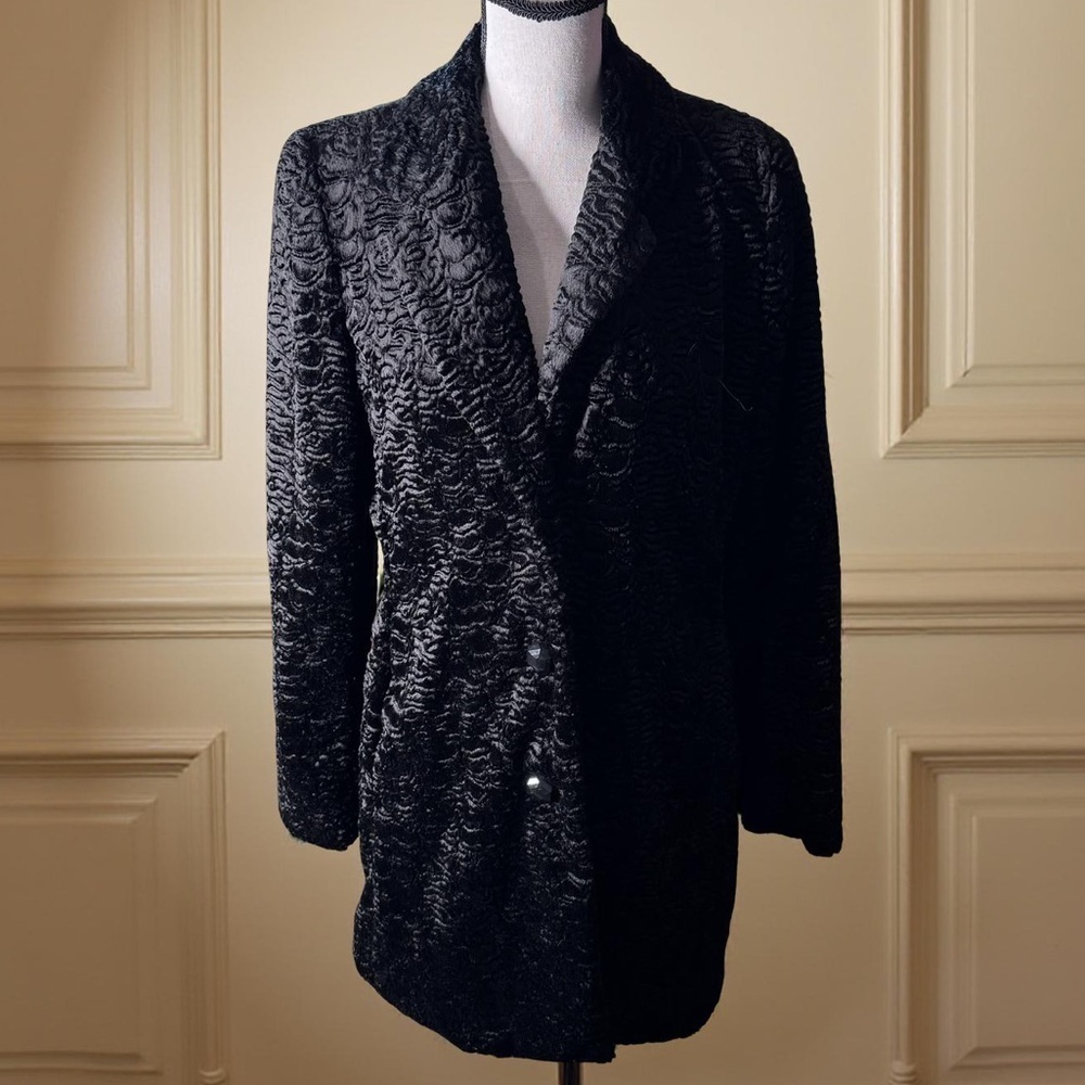 Carina Vintage 90’s Faux Lamb Fur Coat, black velvet textured plush,soft luxe